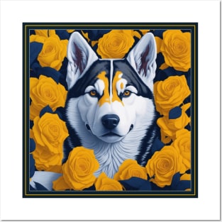 Dogs, Husky and flowers, dog, style vector (yellow version 2 Siberian Husky) Posters and Art